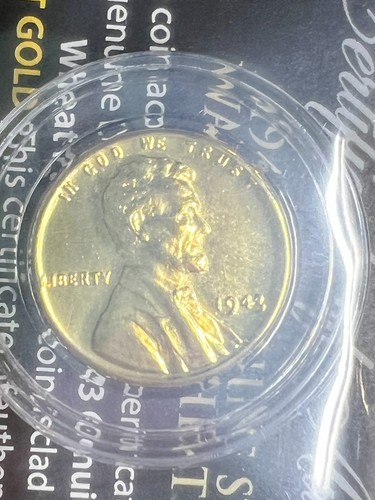 1943 WORLD WAR II STEEL CENT 24KT GOLD GILDED W/COA - Picture 1 of 3