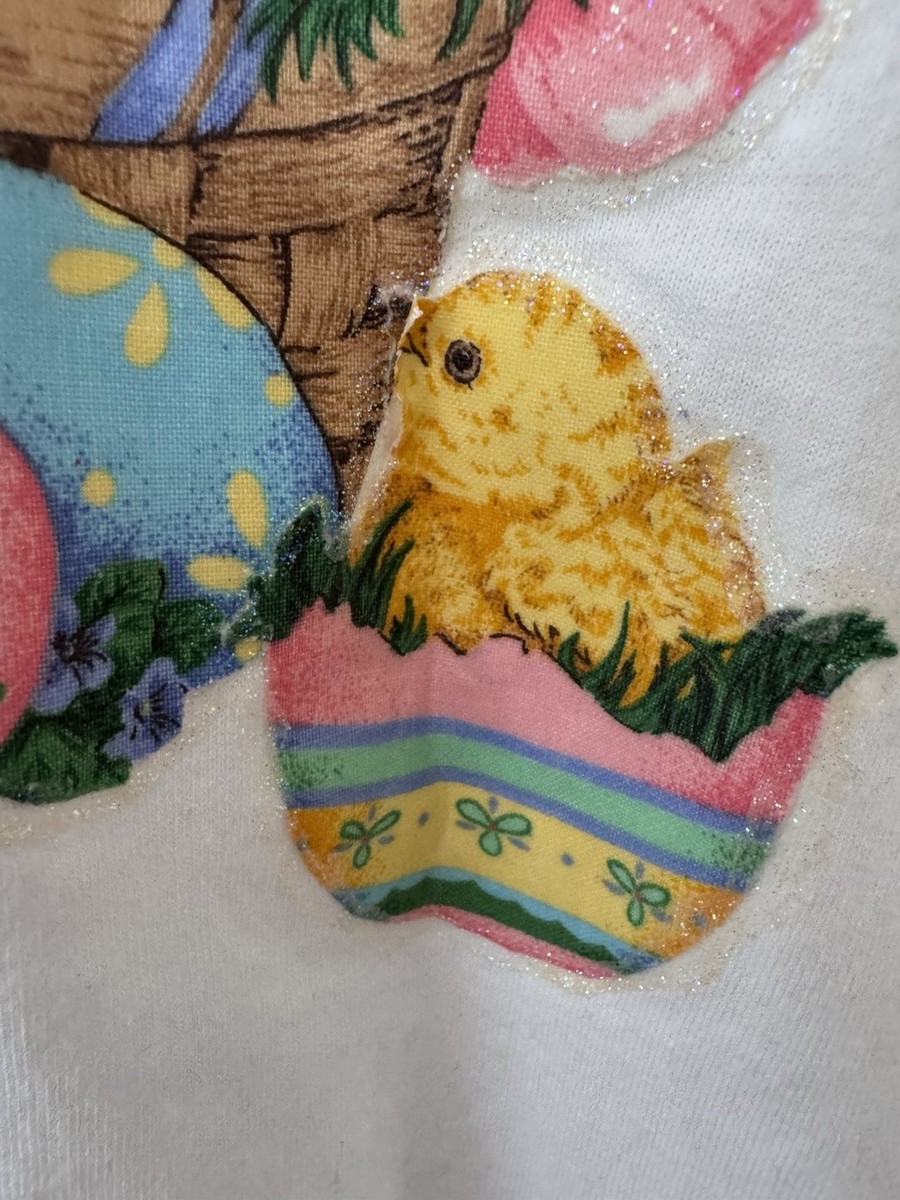 Vintage Adult XL 1990s Easter Baby Chicks Basket T Shirt Handmade 3D Glitter View 3