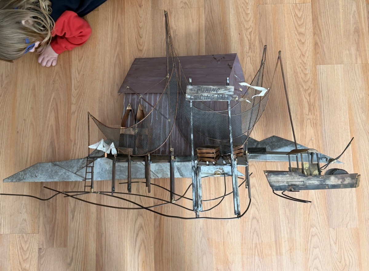 1970's Curtis Jere Signed Fishing Village Metal Wall Sculpture 3d
