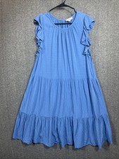 Loft Women’s Midi Dress L  Blue Patterned Tiered Ruffle Cottagecore Prairie