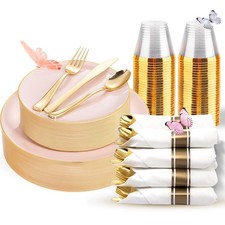 175PCS Pink Plates Disposable - Heavy Duty Pink and Gold Plastic Plates Dinne...