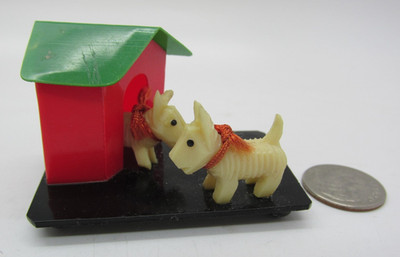 Antique 1930's Miniature Celluloid Figures on Stand Japan Scotty Dogs &Dog House
