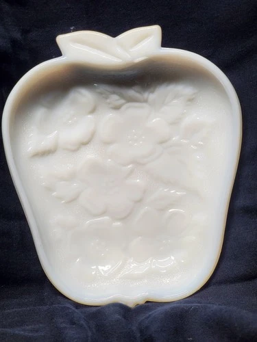 Vintage Hazel Atlas Textured Milk Glass Apple Blossom Motif Dish
