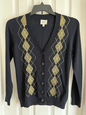 MILLY of New York Vintage Argyle Cardigan Black Gold 100% Wool Size M runs small