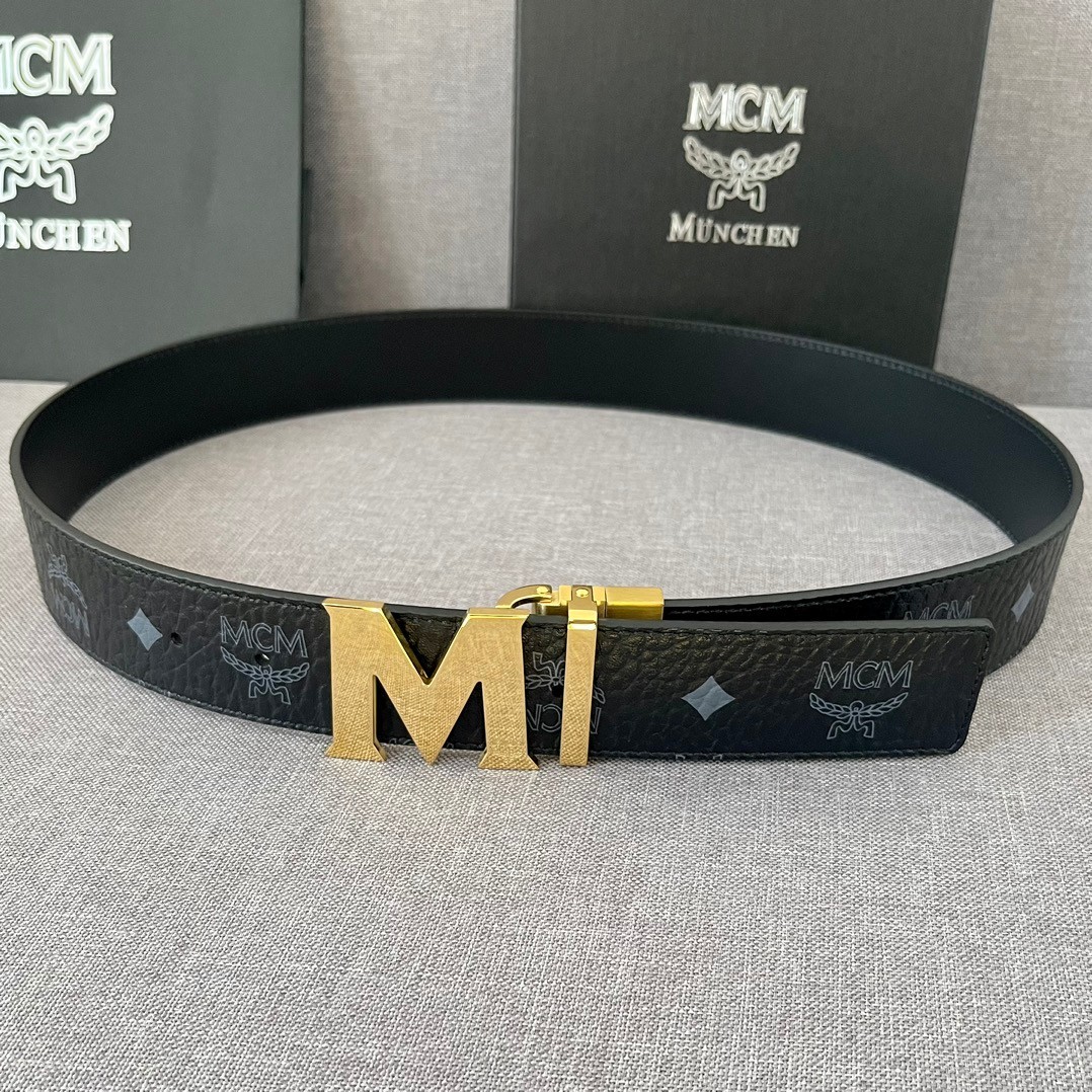 MCM Reversible Belt, Black with Gold Logo, Size 100 Men's Style