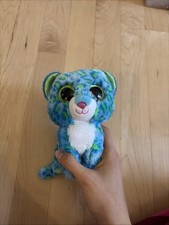Ty Beanie Boos Leona The Leopard Cat Blue 6" Plush Green Glitter Eyes Pink nose 
