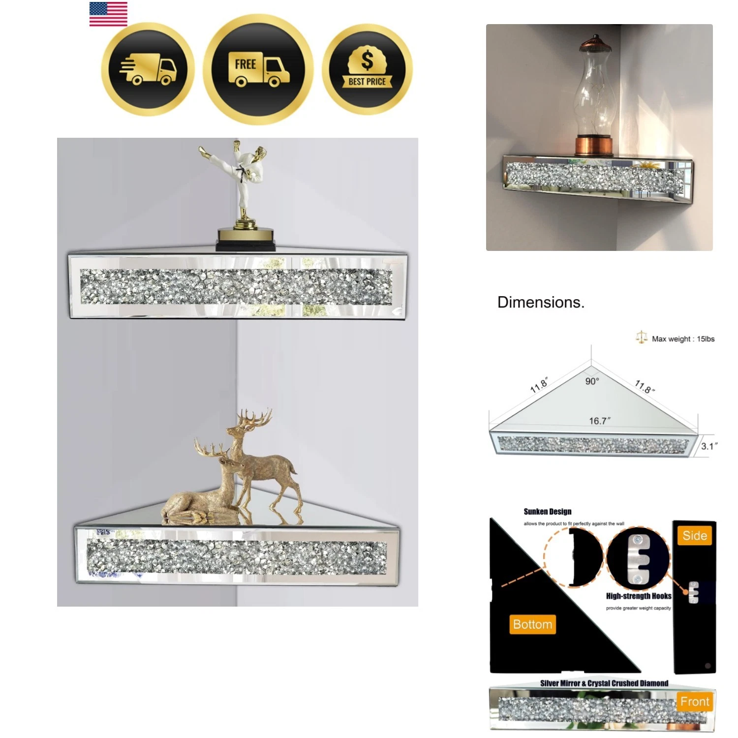 Mirrored Floating Corner Shelf Set of 2 - 11.8" Triangle Silver Mirror Crushe...