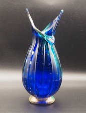 Vintage Murano Hand Blown Turquoise Blue Glass Vase Controlled Bubbles Italy