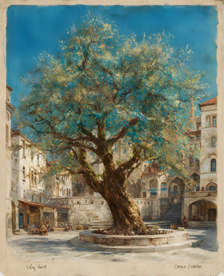 8x10 Cozy Storybook Tree in Courtyard Art Print Classic Illustration - 488107050