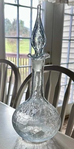 Vintage Blenko Crackle Glass Genie Bottle Decanter and Stopper 13.75 in