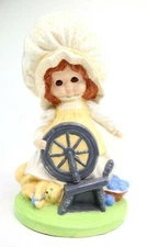 Vintage 1974 Byron Molds Ceramic Girl in bonnet with spinning wheel and kitten 