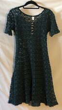 Vtg Dark Green Open Crochet Short Sleeve Dress Pink Flower Cottage Blossom USA