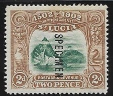 ST.LUCIA 1902, 2 P. braun/gelb m. SPECIMEN-Aufdruck ungebr. Orig.G.