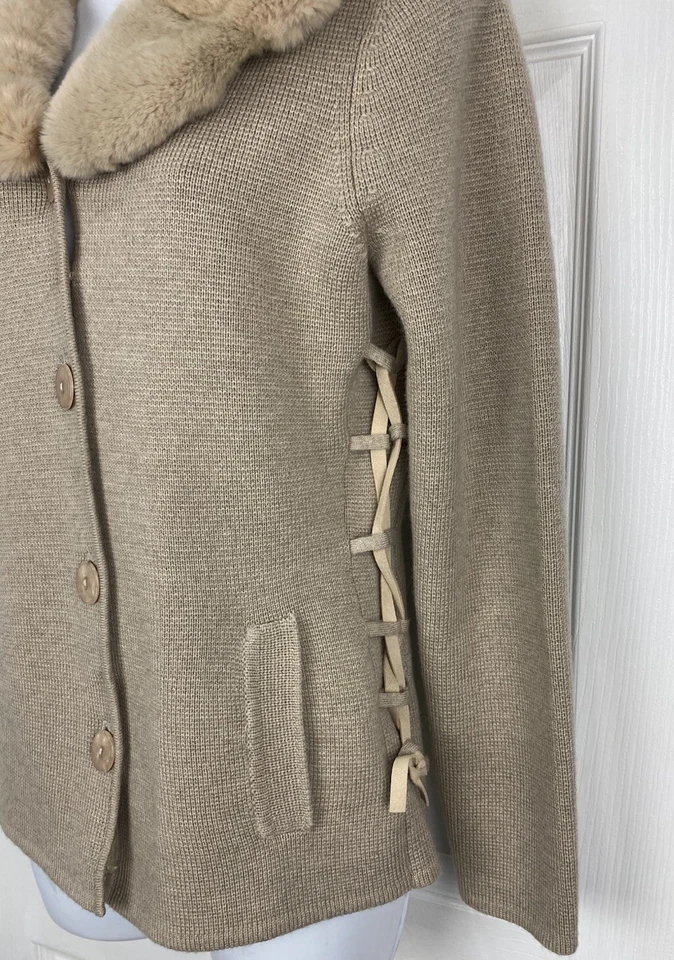 Винтажный Bloomingdale's 100% шерсти кардиган свитер съемный меховой воротник коричневый желтовато-коричневый - Изображение 2 из 4