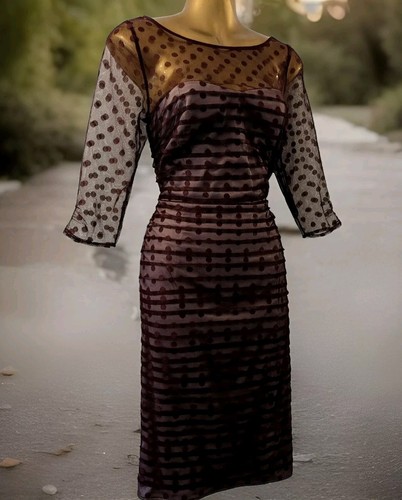 COAST womens burgundy 3/4 sleeve dobby spot mesh occasion dress size 12 wedding - Picture 4 of 17