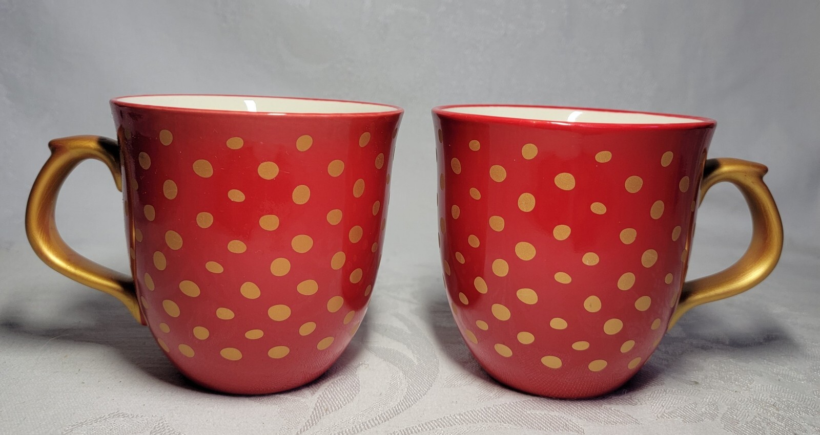 Pioneer Woman Red Gold Polka Dot Coffee Mugs Set of 2