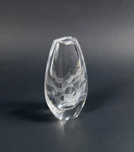 Vintage MCM Kosta Boda Glass Etched Sailboat Mini Vase - Picture 2 of 13