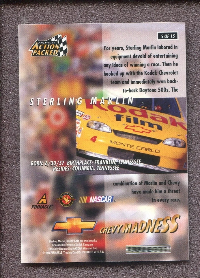 1997 Pinnacle Action Packed Chevy Madness #5 - Sterling Marlin - Image 2 of 2