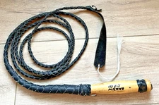 10ft Braided Leather Bull Whip Black With Wooden Handle Cowboy- Made in Mexico