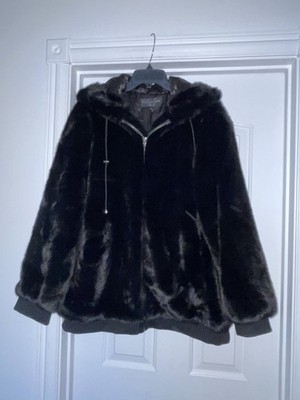 Donna Salyers Fabulous Furs Black Faux Fur Zip Hooded Coat SZ XL NWOT