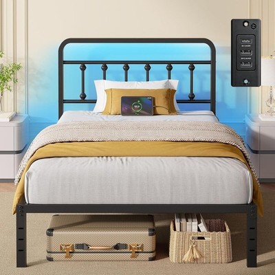 Twin Bed Frame, 14 Inch Metal Platform with Headboard, Charging Station & LED...