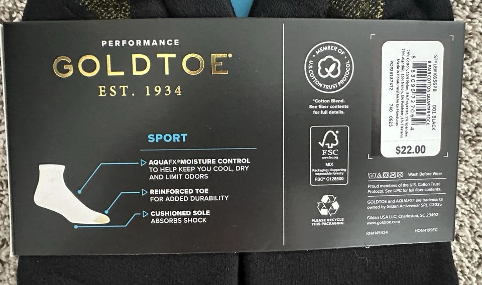 Pack de 8 calcetines deportivos acolchados de algodón GOLDTOE para hombre, negros, nuevos Foto 3 de 3