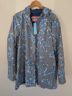 Draper James Womens Rain Coat Size Large Blue Striped Floral Hooded Jacket