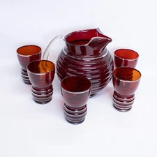 Louie Ruby Glass Pitcher and 5 Tumblers Set Vintage 1930’s