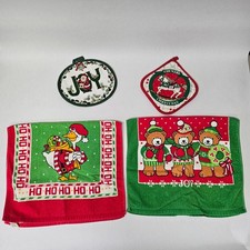 4 Christmas Towels Potholders Duck Santa Teddy Bear Holiday Kitchen Hand Towel
