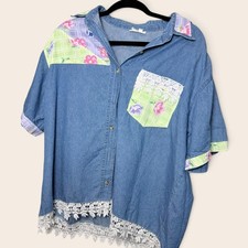 Glitter & Gold Denim Floral Patchwork Lace Shirt L Cottagecore Grannycore