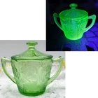Green Uranium / Vaseline Depression Glass Lidded Sugar Bowl Cherry Blossom Glows