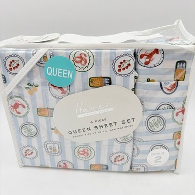 Haven Lifestyle Studio Queen Sheet Set 6pc Coastal Lobster Sardine Blue Stripe