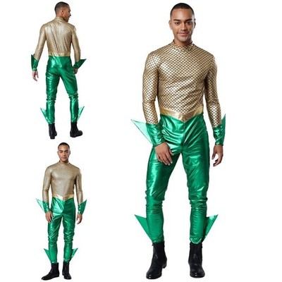 Men's Triton King Costume Jumpsuits Long Sleeve Shiny Metallic Scale Print