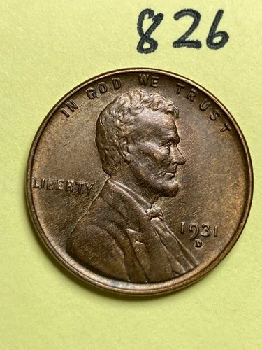 1931-D LINCOLN WHEAT CENT, Almost Uncirculated "AU", low mintage, #826
