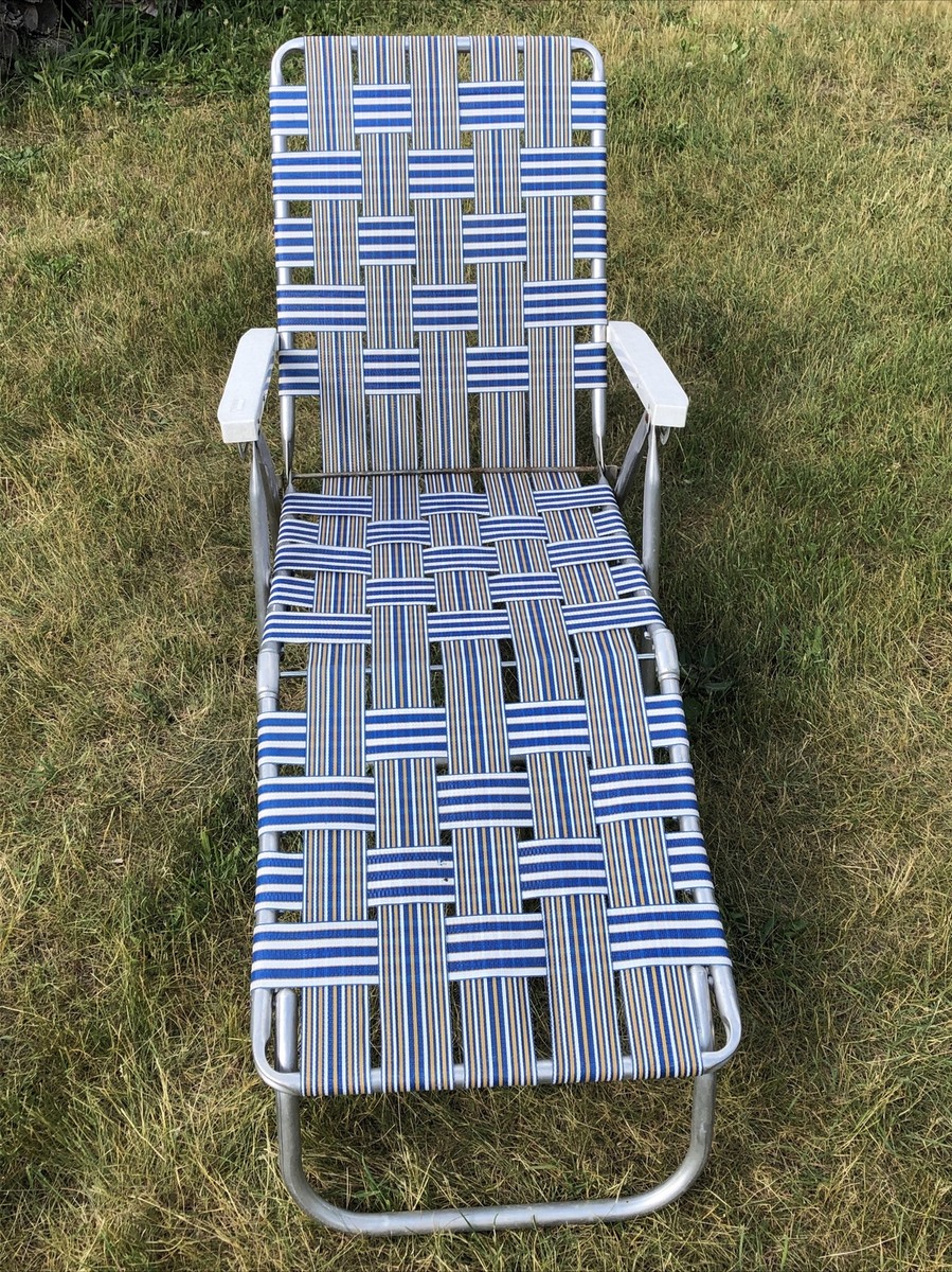 Webbed Vintage Sunbeam Aluminum Folding Chaise Lounge Chair Blue
