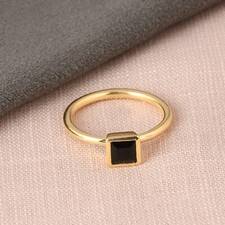 Yellow Gold Plated Cushion Cut Black Onyx Stackable Ring For Birthday Gift Her