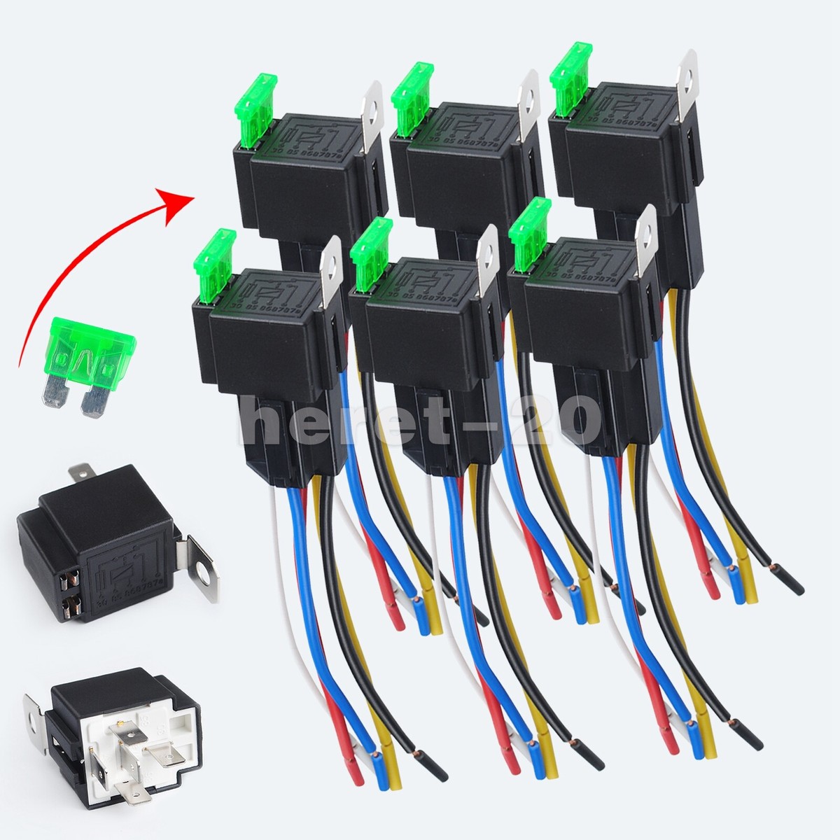 OLS Set 6 Relè Automotive 12V 30A Con Fusibile Integrato E Cablaggio, 4 Pin SPST, 14 AWG