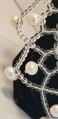 Vintage Genuine White Pearl Bib Necklace With Crystal  White Pearl & crystal bib necklace vintage . display picture 1