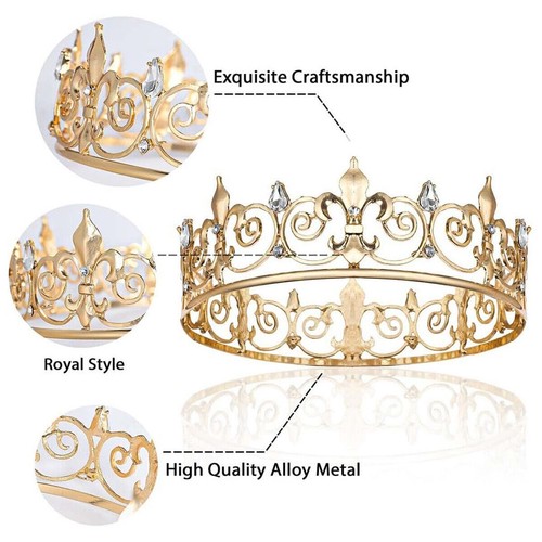 Gold King Crown Alloy Royal King Crown for Men Men's Full Round Crowns Wedding - Picture 8 of 12