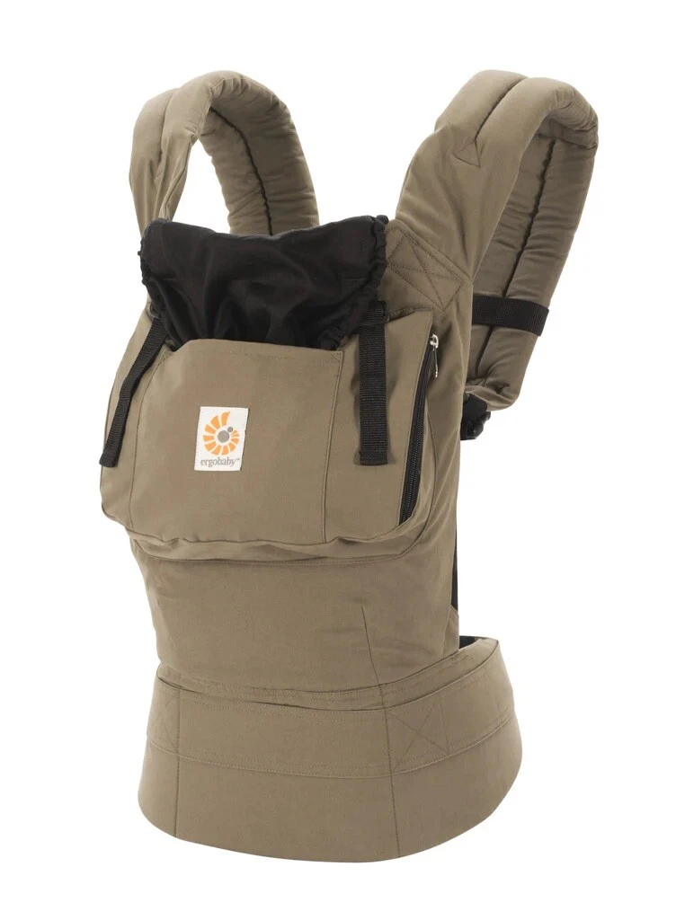 Ergobaby Adjustable Baby Carrier Zipper Pockets Green/Brown Black Hood 12-45 LBS