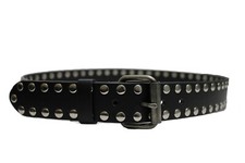 BELT 2 ROW FLAT ROUND STUDS BLACK GENUINE LEATHER