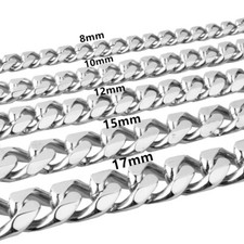 10/12/15/17/19mm Polished Silver Stainless Steel Mens Curb Cuban Chain Necklace