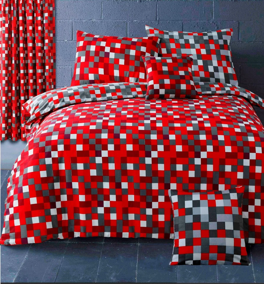 VELOSSO Pixel Squares Bedding Set Duvet Cover Pillowcases Modern Check Red Grey Reverse