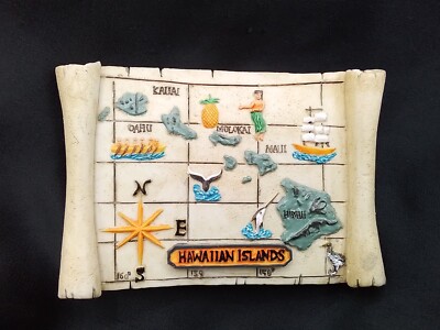 HAWAIIAN ISLANDS VINTAGE SOUVENIR FRIDGE MAGNET TREASURE MAP HULA DANCER MAUI HI