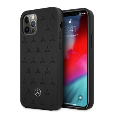 Mercedes iPhone 12 Pro Max Hülle Case Cover Genuine Leather Stars Pattern Black