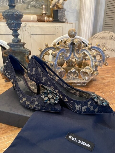 パンプス Dolce & Gabbana Midnight Blue Lace Pumps Dolce Gabbana Bellucci Lace Crystal Pumps Navy 38 New | eBay