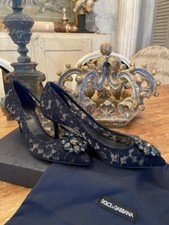 Dolce Gabbana Bellucci Lace Crystal Pumps Heels  Shoes Navy Blue 38 NEW