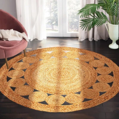 Rug Jute Round Handmade 100% Natural Hand Braided Farmhouse Area Rug Living Room - Image 1 of 4