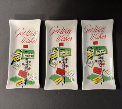 3 Vtg Commodore White Bent Glass GET WELL WISHES Trinket Dishes W/Box MCM Japan