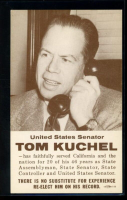 1960's CA Senator Tom Kuchel re-election Postcard